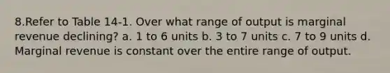 8.Refer to Table 14‐1. Over what range of output is marginal revenue declining? a. 1 to 6 units b. 3 to 7 units c. 7 to 9 units d. Marginal revenue is constant over the entire range of output.