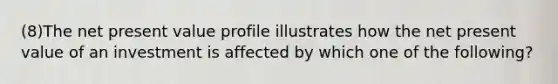 (8)The net present value profile illustrates how the net present value of an investment is affected by which one of the following?