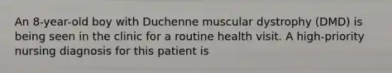 An 8-year-old boy with Duchenne muscular dystrophy (DMD) is being seen in the clinic for a routine health visit. A high-priority nursing diagnosis for this patient is