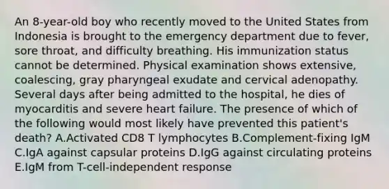 An 8-year-old boy who recently moved to the United States from Indonesia is brought to the emergency department due to fever, sore throat, and difficulty breathing. His immunization status cannot be determined. Physical examination shows extensive, coalescing, gray pharyngeal exudate and cervical adenopathy. Several days after being admitted to the hospital, he dies of myocarditis and severe heart failure. The presence of which of the following would most likely have prevented this patient's death? A.Activated CD8 T lymphocytes B.Complement-fixing IgM C.IgA against capsular proteins D.IgG against circulating proteins E.IgM from T-cell-independent response