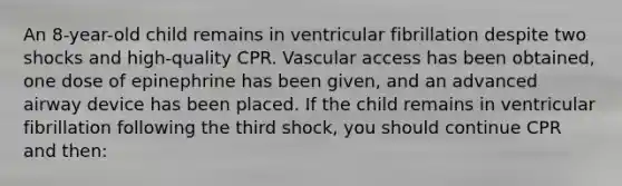 An 8-year-old child remains in ventricular fibrillation despite two shocks and high-quality CPR. Vascular access has been obtained, one dose of epinephrine has been given, and an advanced airway device has been placed. If the child remains in ventricular fibrillation following the third shock, you should continue CPR and then: