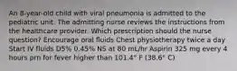 An 8-year-old child with viral pneumonia is admitted to the pediatric unit. The admitting nurse reviews the instructions from the healthcare provider. Which prescription should the nurse question? Encourage oral fluids Chest physiotherapy twice a day Start IV fluids D5% 0.45% NS at 80 mL/hr Aspirin 325 mg every 4 hours prn for fever higher than 101.4° F (38.6° C)