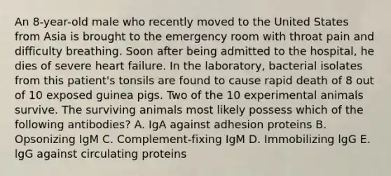 An 8-year-old male who recently moved to the United States from Asia is brought to the emergency room with throat pain and difficulty breathing. Soon after being admitted to the hospital, he dies of severe heart failure. In the laboratory, bacterial isolates from this patient's tonsils are found to cause rapid death of 8 out of 10 exposed guinea pigs. Two of the 10 experimental animals survive. The surviving animals most likely possess which of the following antibodies? A. IgA against adhesion proteins B. Opsonizing IgM C. Complement-fixing IgM D. Immobilizing lgG E. lgG against circulating proteins