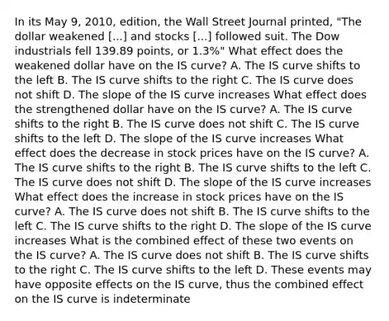 In its May 9, 2010, edition, the Wall Street Journal printed, "The dollar weakened [...] and stocks [...] followed suit. The Dow industrials fell 139.89 points, or 1.3%" What effect does the weakened dollar have on the IS curve? A. The IS curve shifts to the left B. The IS curve shifts to the right C. The IS curve does not shift D. The slope of the IS curve increases What effect does the strengthened dollar have on the IS curve? A. The IS curve shifts to the right B. The IS curve does not shift C. The IS curve shifts to the left D. The slope of the IS curve increases What effect does the decrease in stock prices have on the IS curve? A. The IS curve shifts to the right B. The IS curve shifts to the left C. The IS curve does not shift D. The slope of the IS curve increases What effect does the increase in stock prices have on the IS curve? A. The IS curve does not shift B. The IS curve shifts to the left C. The IS curve shifts to the right D. The slope of the IS curve increases What is the combined effect of these two events on the IS curve? A. The IS curve does not shift B. The IS curve shifts to the right C. The IS curve shifts to the left D. These events may have opposite effects on the IS curve, thus the combined effect on the IS curve is indeterminate