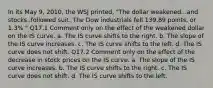 In its May 9, 2010, the WSJ printed, "The dollar weakened...and stocks..followed suit. The Dow industrials fell 139.89 points, or 1.3% " Q17.1 Comment only on the effect of the weakened dollar on the IS curve. a. The IS curve shifts to the right. b. The slope of the IS curve increases. c. The IS curve shifts to the left. d. The IS curve does not shift. Q17.2 Comment only on the effect of the decrease in stock prices on the IS curve. a. The slope of the IS curve increases. b. The IS curve shifts to the right. c. The IS curve does not shift. d. The IS curve shifts to the left.