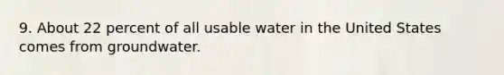 9. About 22 percent of all usable water in the United States comes from groundwater.