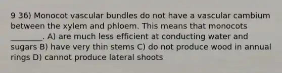 9 36) Monocot vascular bundles do not have a vascular cambium between the xylem and phloem. This means that monocots ________. A) are much less efficient at conducting water and sugars B) have very thin stems C) do not produce wood in annual rings D) cannot produce lateral shoots