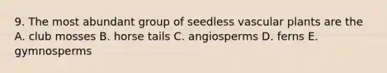 9. The most abundant group of seedless <a href='https://www.questionai.com/knowledge/kbaUXKuBoK-vascular-plants' class='anchor-knowledge'>vascular plants</a> are the A. club mosses B. horse tails C. angiosperms D. ferns E. gymnosperms