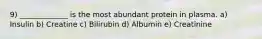 9) _____________ is the most abundant protein in plasma. a) Insulin b) Creatine c) Bilirubin d) Albumin e) Creatinine