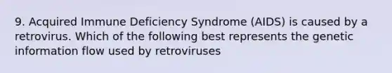 9. Acquired Immune Deficiency Syndrome (AIDS) is caused by a retrovirus. Which of the following best represents the genetic information flow used by retroviruses