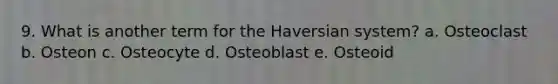 9. What is another term for the Haversian system? a. Osteoclast b. Osteon c. Osteocyte d. Osteoblast e. Osteoid