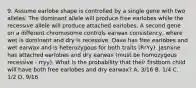 9. Assume earlobe shape is controlled by a single gene with two alleles. The dominant allele will produce free earlobes while the recessive allele will produce attached earlobes. A second gene on a different chromosome controls earwax consistency, where wet is dominant and dry is recessive. Dave has free earlobes and wet earwax and is heterozygous for both traits (RrYy). Jasmine has attached earlobes and dry earwax (must be homozygous recessive - rryy). What is the probability that their firstborn child will have both free earlobes and dry earwax? A. 3/16 B. 1/4 C. 1/2 D. 9/16