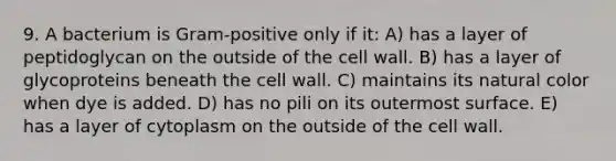 9. A bacterium is Gram-positive only if it: A) has a layer of peptidoglycan on the outside of the cell wall. B) has a layer of glycoproteins beneath the cell wall. C) maintains its natural color when dye is added. D) has no pili on its outermost surface. E) has a layer of cytoplasm on the outside of the cell wall.