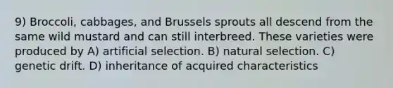 9) Broccoli, cabbages, and Brussels sprouts all descend from the same wild mustard and can still interbreed. These varieties were produced by A) artificial selection. B) natural selection. C) genetic drift. D) inheritance of acquired characteristics