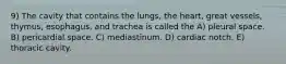 9) The cavity that contains the lungs, the heart, great vessels, thymus, esophagus, and trachea is called the A) pleural space. B) pericardial space. C) mediastinum. D) cardiac notch. E) thoracic cavity.