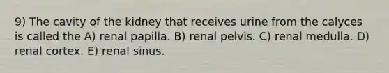 9) The cavity of the kidney that receives urine from the calyces is called the A) renal papilla. B) renal pelvis. C) renal medulla. D) renal cortex. E) renal sinus.