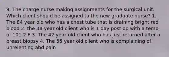 9. The charge nurse making assignments for the surgical unit. Which client should be assigned to the new graduate nurse? 1. The 84 year old who has a chest tube that is draining bright red blood 2. the 38 year old client who is 1 day post op with a temp of 101.2 F 3. The 42 year old client who has just returned after a breast biopsy 4. The 55 year old client who is complaining of unrelenting abd pain