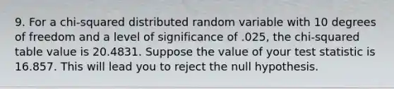 9. For a chi-squared distributed random variable with 10 degrees of freedom and a level of significance of .025, the chi-squared table value is 20.4831. Suppose the value of your test statistic is 16.857. This will lead you to reject the null hypothesis.