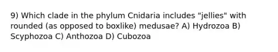 9) Which clade in the phylum Cnidaria includes "jellies" with rounded (as opposed to boxlike) medusae? A) Hydrozoa B) Scyphozoa C) Anthozoa D) Cubozoa