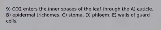 9) CO2 enters the inner spaces of the leaf through the A) cuticle. B) epidermal trichomes. C) stoma. D) phloem. E) walls of guard cells.