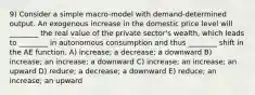 9) Consider a simple macro-model with demand-determined output. An exogenous increase in the domestic price level will ________ the real value of the private sector's wealth, which leads to ________ in autonomous consumption and thus ________ shift in the AE function. A) increase; a decrease; a downward B) increase; an increase; a downward C) increase; an increase; an upward D) reduce; a decrease; a downward E) reduce; an increase; an upward