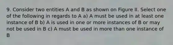 9. Consider two entities A and B as shown on Figure II. Select one of the following in regards to A a) A must be used in at least one instance of B b) A is used in one or more instances of B or may not be used in B c) A must be used in more than one instance of B