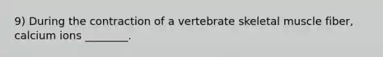 9) During the contraction of a vertebrate skeletal muscle fiber, calcium ions ________.