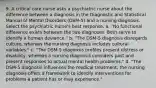 9. A critical care nurse asks a psychiatric nurse about the difference between a diagnosis in the Diagnostic and Statistical Manual of Mental Disorders (DSM-5) and a nursing diagnosis. Select the psychiatric nurse's best response. a. "No functional difference exists between the two diagnoses. Both serve to identify a human deviance." b. "The DSM-5 diagnosis disregards culture, whereas the nursing diagnosis includes cultural variables." c. "The DSM-5 diagnosis profiles present distress or disability, whereas a nursing diagnosis considers past and present responses to actual mental health problems." d. "The DSM-5 diagnosis influences the medical treatment; the nursing diagnosis offers a framework to identify interventions for problems a patient has or may experience."