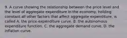 9. A curve showing the relationship between the price level and the level of aggregate expenditure in the​ economy, holding constant all other factors that affect aggregate​ expenditure, is called A. the​ price-expenditure curve. B. the autonomous expenditure function. C. the aggregate demand curve. D. the inflation curve.