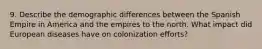 9. Describe the demographic differences between the Spanish Empire in America and the empires to the north. What impact did European diseases have on colonization efforts?