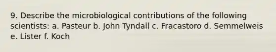 9. Describe the microbiological contributions of the following scientists: a. Pasteur b. John Tyndall c. Fracastoro d. Semmelweis e. Lister f. Koch