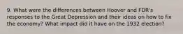 9. What were the differences between Hoover and FDR's responses to the Great Depression and their ideas on how to fix the economy? What impact did it have on the 1932 election?