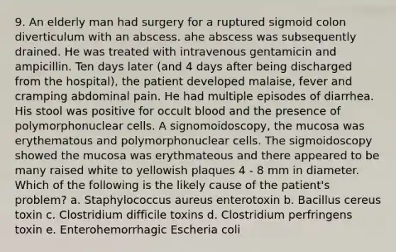 9. An elderly man had surgery for a ruptured sigmoid colon diverticulum with an abscess. ahe abscess was subsequently drained. He was treated with intravenous gentamicin and ampicillin. Ten days later (and 4 days after being discharged from the hospital), the patient developed malaise, fever and cramping abdominal pain. He had multiple episodes of diarrhea. His stool was positive for occult blood and the presence of polymorphonuclear cells. A signomoidoscopy, the mucosa was erythematous and polymorphonuclear cells. The sigmoidoscopy showed the mucosa was erythmateous and there appeared to be many raised white to yellowish plaques 4 - 8 mm in diameter. Which of the following is the likely cause of the patient's problem? a. Staphylococcus aureus enterotoxin b. Bacillus cereus toxin c. Clostridium difficile toxins d. Clostridium perfringens toxin e. Enterohemorrhagic Escheria coli