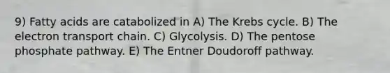 9) Fatty acids are catabolized in A) The <a href='https://www.questionai.com/knowledge/kqfW58SNl2-krebs-cycle' class='anchor-knowledge'>krebs cycle</a>. B) <a href='https://www.questionai.com/knowledge/k57oGBr0HP-the-electron-transport-chain' class='anchor-knowledge'>the electron transport chain</a>. C) Glycolysis. D) <a href='https://www.questionai.com/knowledge/kU2OmaBWIM-the-pentose-phosphate-pathway' class='anchor-knowledge'>the pentose phosphate pathway</a>. E) The Entner Doudoroff pathway.