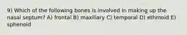 9) Which of the following bones is involved in making up the nasal septum? A) frontal B) maxillary C) temporal D) ethmoid E) sphenoid