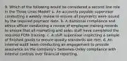 9. Which of the following would be considered a second line role in the Three Lines Model? a. An accounts payable supervisor conducting a weekly review to ensure all payments were issued by the required payment date. b. A divisional compliance and ethics officer conducting a review of employee training records to ensure that all marketing and sales staff have completed the required FCPA training. c. A shift supervisor inspecting a sample of finished goods to ensure quality standards are met. d. An internal audit team conducting an engagement to provide assurance on the company's Sarbanes-Oxley compliance with internal controls over financial reporting.