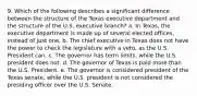 9. Which of the following describes a significant difference between the structure of the Texas executive department and the structure of the U.S. executive branch? a. In Texas, the executive department is made up of several elected offices, instead of just one. b. The chief executive in Texas does not have the power to check the legislature with a veto, as the U.S. President can. c. The governor has term limits, while the U.S. president does not. d. The governor of Texas is paid more than the U.S. President. e. The governor is considered president of the Texas senate, while the U.S. president is not considered the presiding officer over the U.S. Senate.