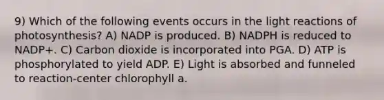 9) Which of the following events occurs in the light reactions of photosynthesis? A) NADP is produced. B) NADPH is reduced to NADP+. C) Carbon dioxide is incorporated into PGA. D) ATP is phosphorylated to yield ADP. E) Light is absorbed and funneled to reaction-center chlorophyll a.