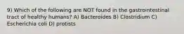 9) Which of the following are NOT found in the gastrointestinal tract of healthy humans? A) Bacteroides B) Clostridium C) Escherichia coli D) protists