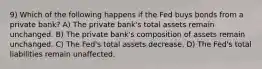 9) Which of the following happens if the Fed buys bonds from a private bank? A) The private bank's total assets remain unchanged. B) The private bank's composition of assets remain unchanged. C) The Fed's total assets decrease. D) The Fed's total liabilities remain unaffected.