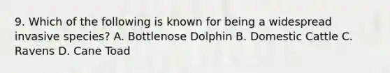 9. Which of the following is known for being a widespread invasive species? A. Bottlenose Dolphin B. Domestic Cattle C. Ravens D. Cane Toad