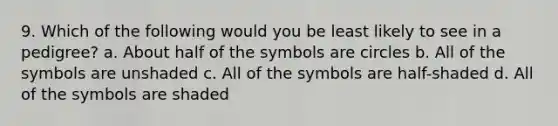 9. Which of the following would you be least likely to see in a pedigree? a. About half of the symbols are circles b. All of the symbols are unshaded c. All of the symbols are half-shaded d. All of the symbols are shaded