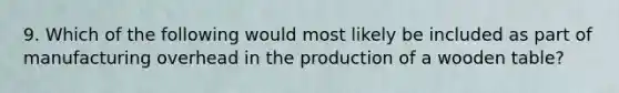 9. Which of the following would most likely be included as part of manufacturing overhead in the production of a wooden table?