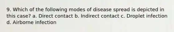 9. Which of the following modes of disease spread is depicted in this case? a. Direct contact b. Indirect contact c. Droplet infection d. Airborne infection