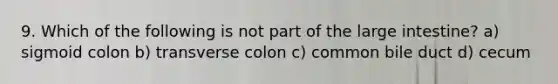 9. Which of the following is not part of the large intestine? a) sigmoid colon b) transverse colon c) common bile duct d) cecum