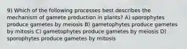 9) Which of the following processes best describes the mechanism of gamete production in plants? A) sporophytes produce gametes by meiosis B) gametophytes produce gametes by mitosis C) gametophytes produce gametes by meiosis D) sporophytes produce gametes by mitosis