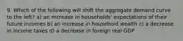 9. Which of the following will shift the aggregate demand curve to the left? a) an mcrease in households' expectations of their future incomes b) an increase in household wealth c) a decrease in income taxes d) a decrease in foreign real GDP