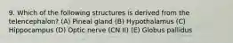 9. Which of the following structures is derived from the telencephalon? (A) Pineal gland (B) Hypothalamus (C) Hippocampus (D) Optic nerve (CN II) (E) Globus pallidus