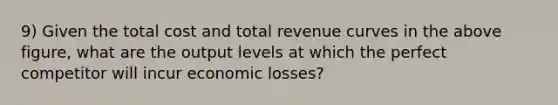 9) Given the total cost and total revenue curves in the above figure, what are the output levels at which the perfect competitor will incur economic losses?