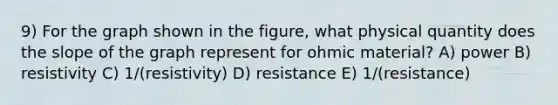 9) For the graph shown in the figure, what physical quantity does the slope of the graph represent for ohmic material? A) power B) resistivity C) 1/(resistivity) D) resistance E) 1/(resistance)